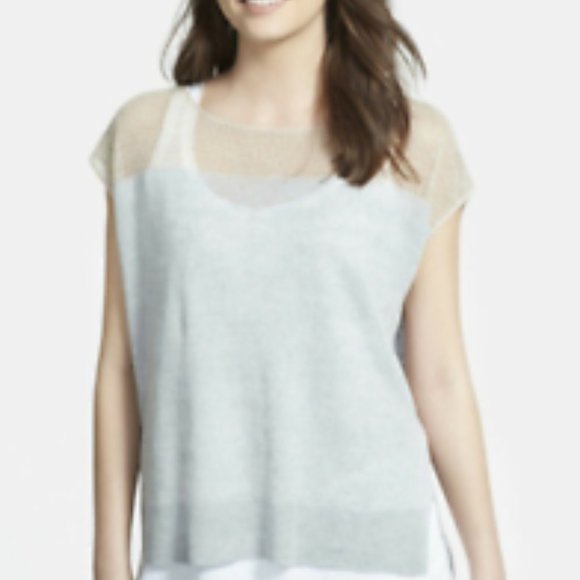Eileen Fisher Delave Organic Linen Contrast Yoke Bateau Neck Top Pearl Gray Top - Picture 2 of 3